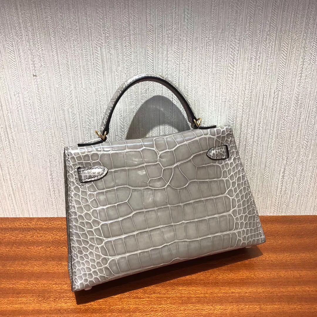 Malaysia HERMES Mini Kelly2代 CK81斑鸠灰 亮面方塊 美洲鱷魚金扣