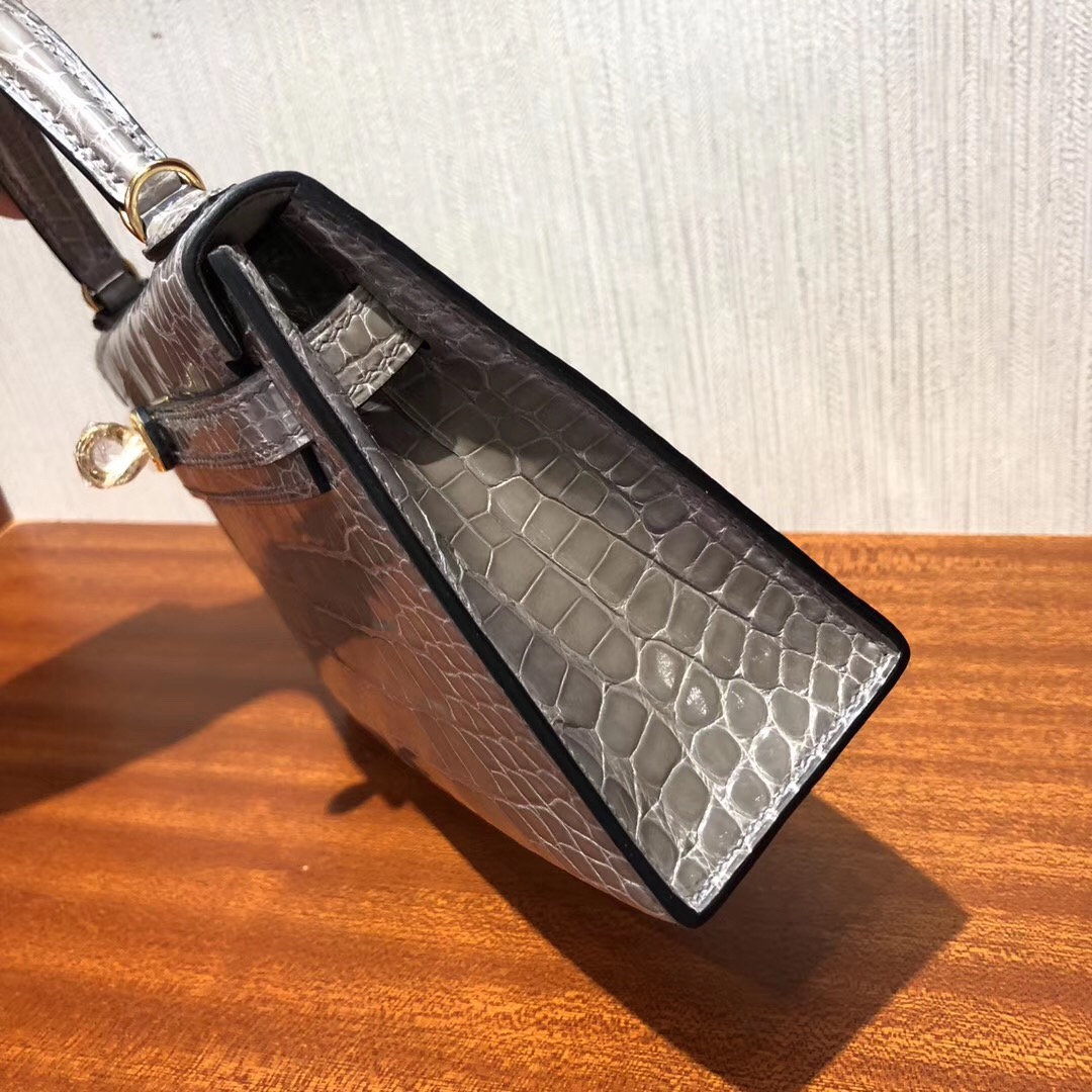 Malaysia HERMES Mini Kelly2代 CK81斑鸠灰 亮面方塊 美洲鱷魚金扣