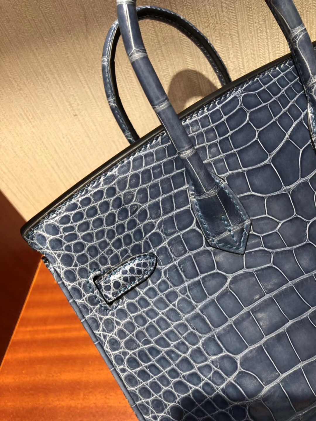 鉑金包尺寸對比 Hermes Birkin 25 Bag  亮面方塊美洲鱷魚 N7風暴藍 金扣