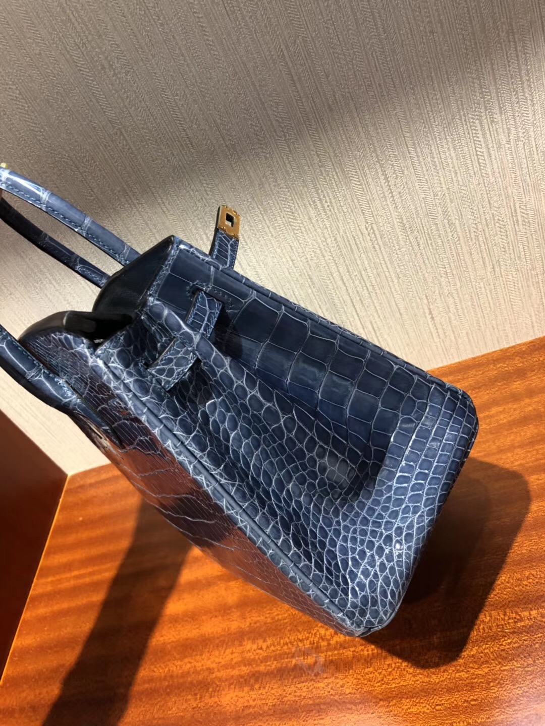 鉑金包尺寸對比 Hermes Birkin 25 Bag  亮面方塊美洲鱷魚 N7風暴藍 金扣