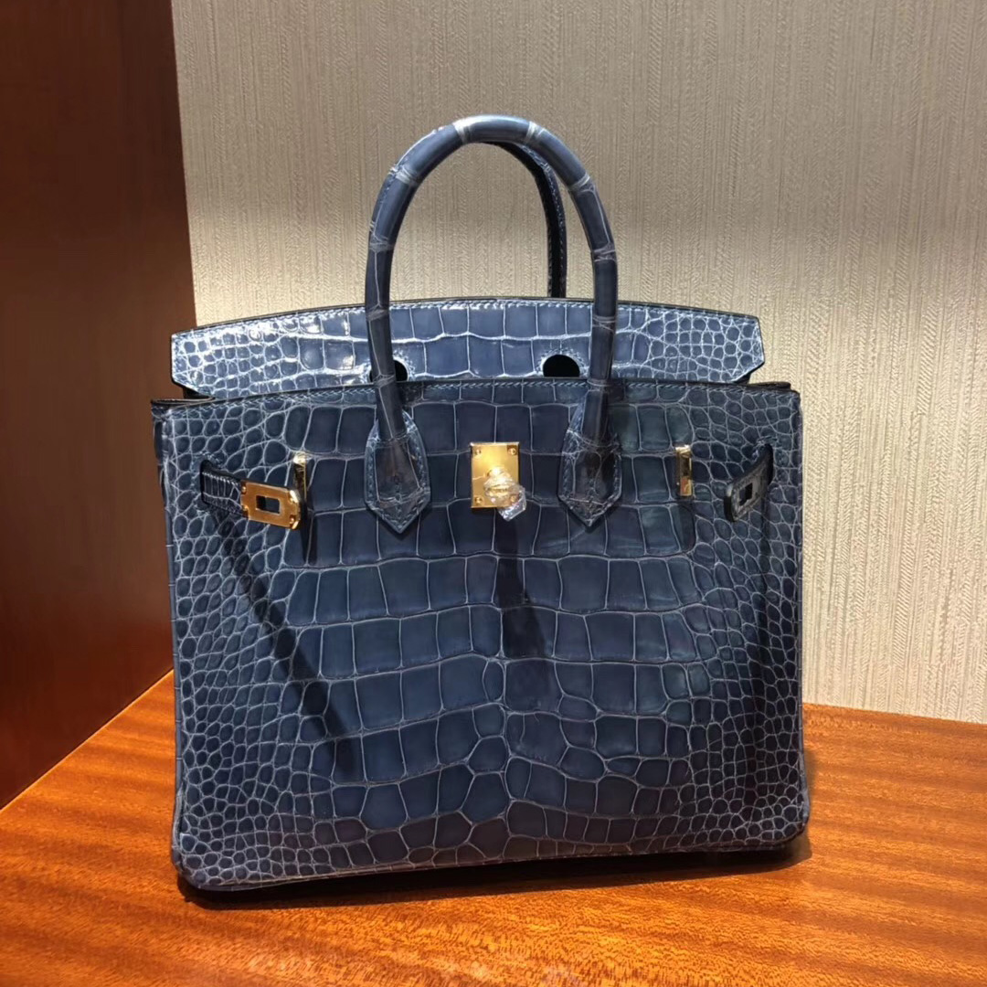 鉑金包尺寸對比 Hermes Birkin 25 Bag  亮面方塊美洲鱷魚 N7風暴藍 金扣