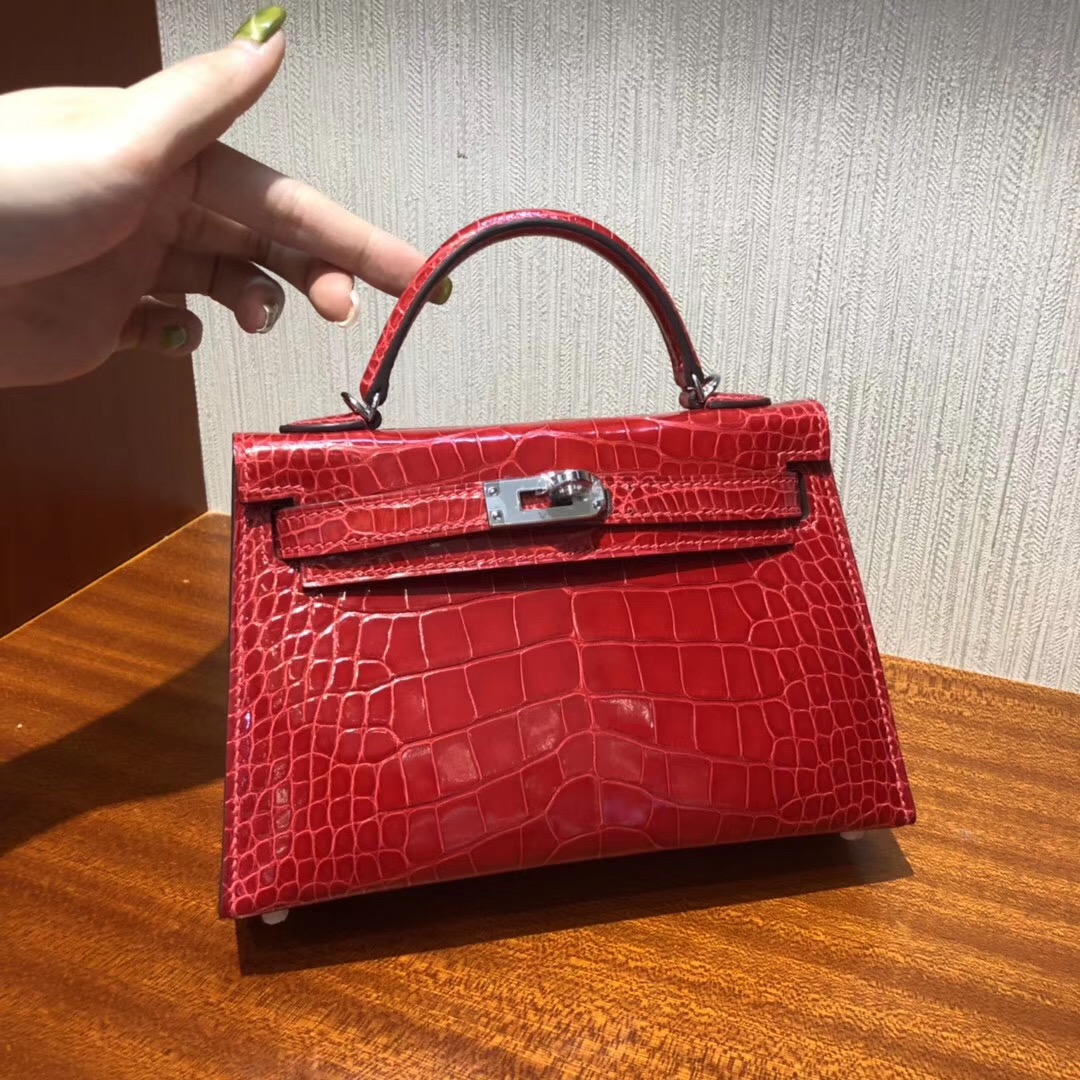 Malaysia HERMES Mini Kelly2代 CK95法拉利紅 亮面方塊 美洲鱷魚 金扣