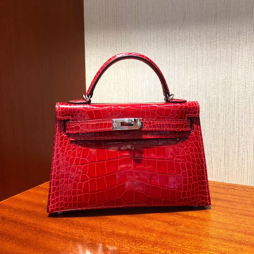 Malaysia HERMES Mini Kelly2代 CK95法拉利紅 亮面方塊 美洲鱷魚 金扣