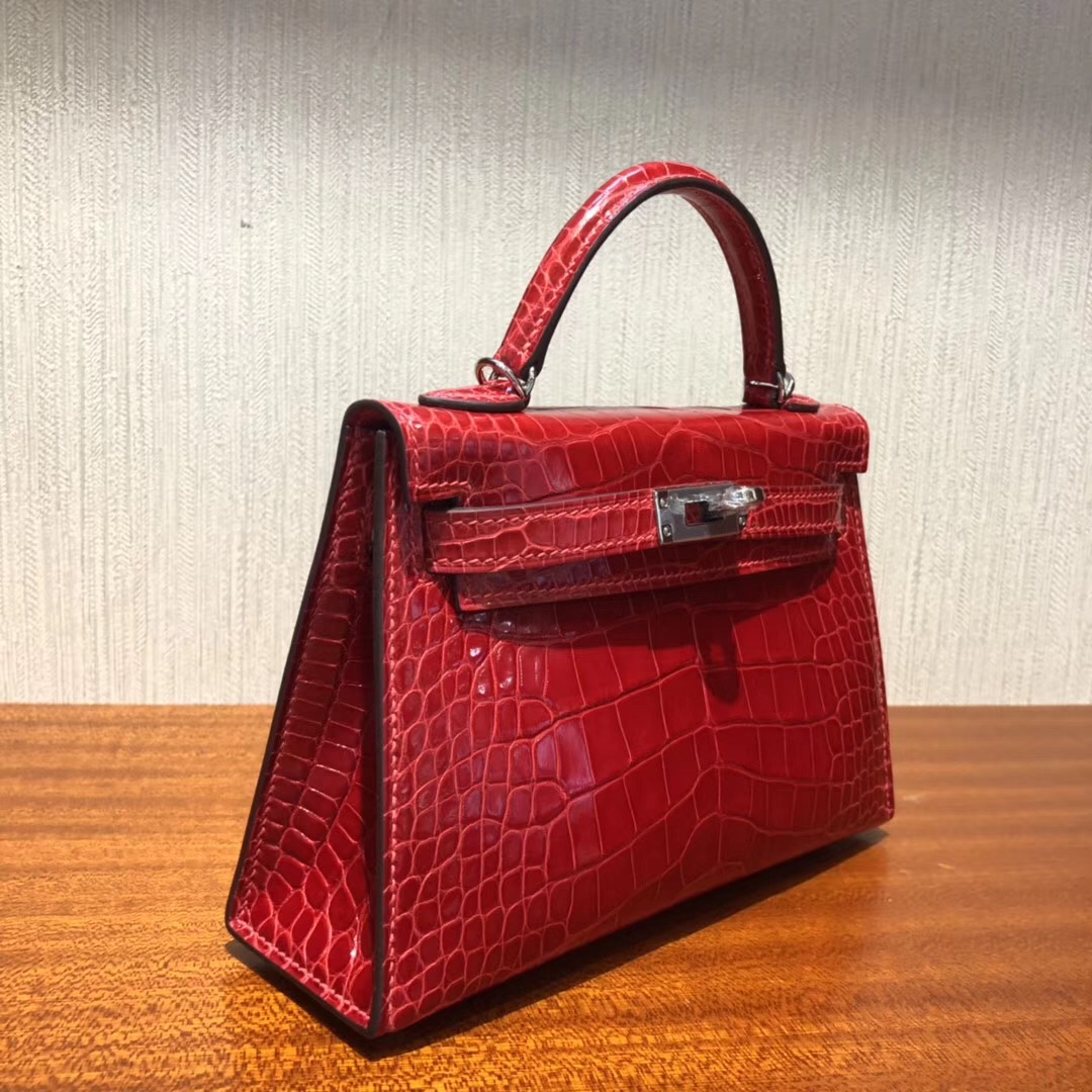 Malaysia HERMES Mini Kelly2代 CK95法拉利紅 亮面方塊 美洲鱷魚 金扣