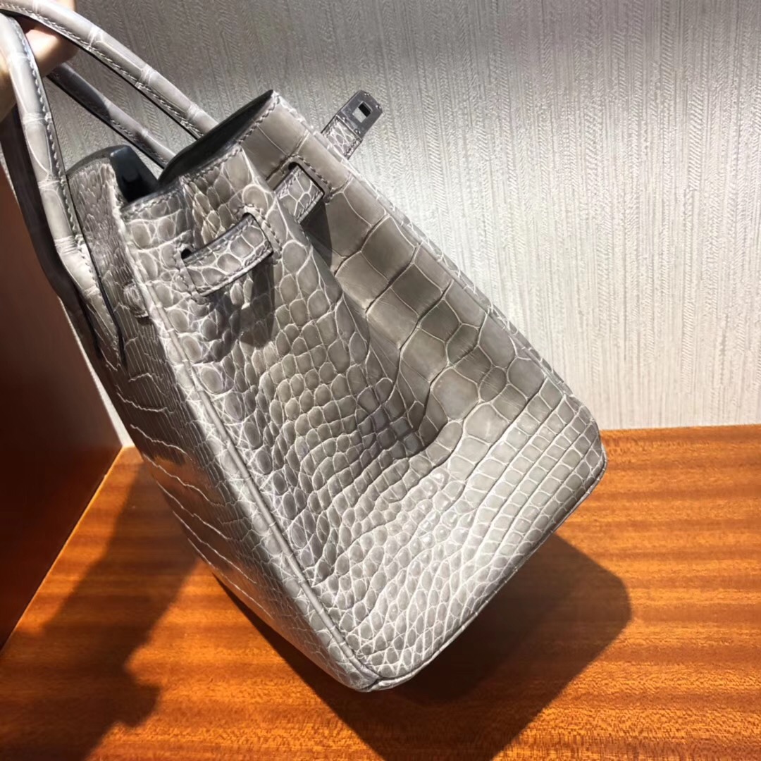 愛馬仕包包官網 Hermes Birkin 25 Bag CK81斑鳩灰 亮面倒V澳洲灣鱷 銀扣