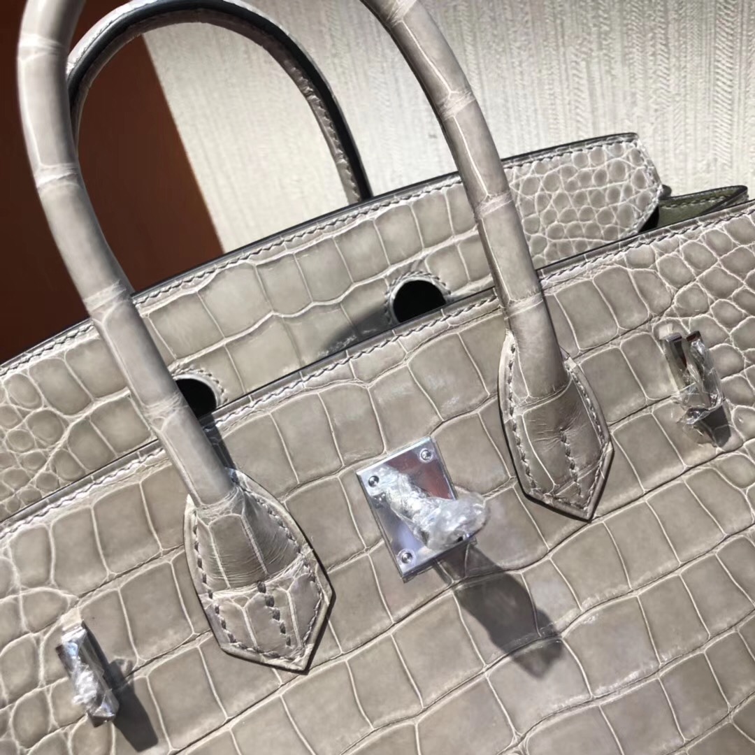 愛馬仕包包官網 Hermes Birkin 25 Bag CK81斑鳩灰 亮面倒V澳洲灣鱷 銀扣