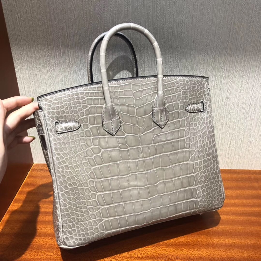 愛馬仕包包官網 Hermes Birkin 25 Bag CK81斑鳩灰 亮面倒V澳洲灣鱷 銀扣