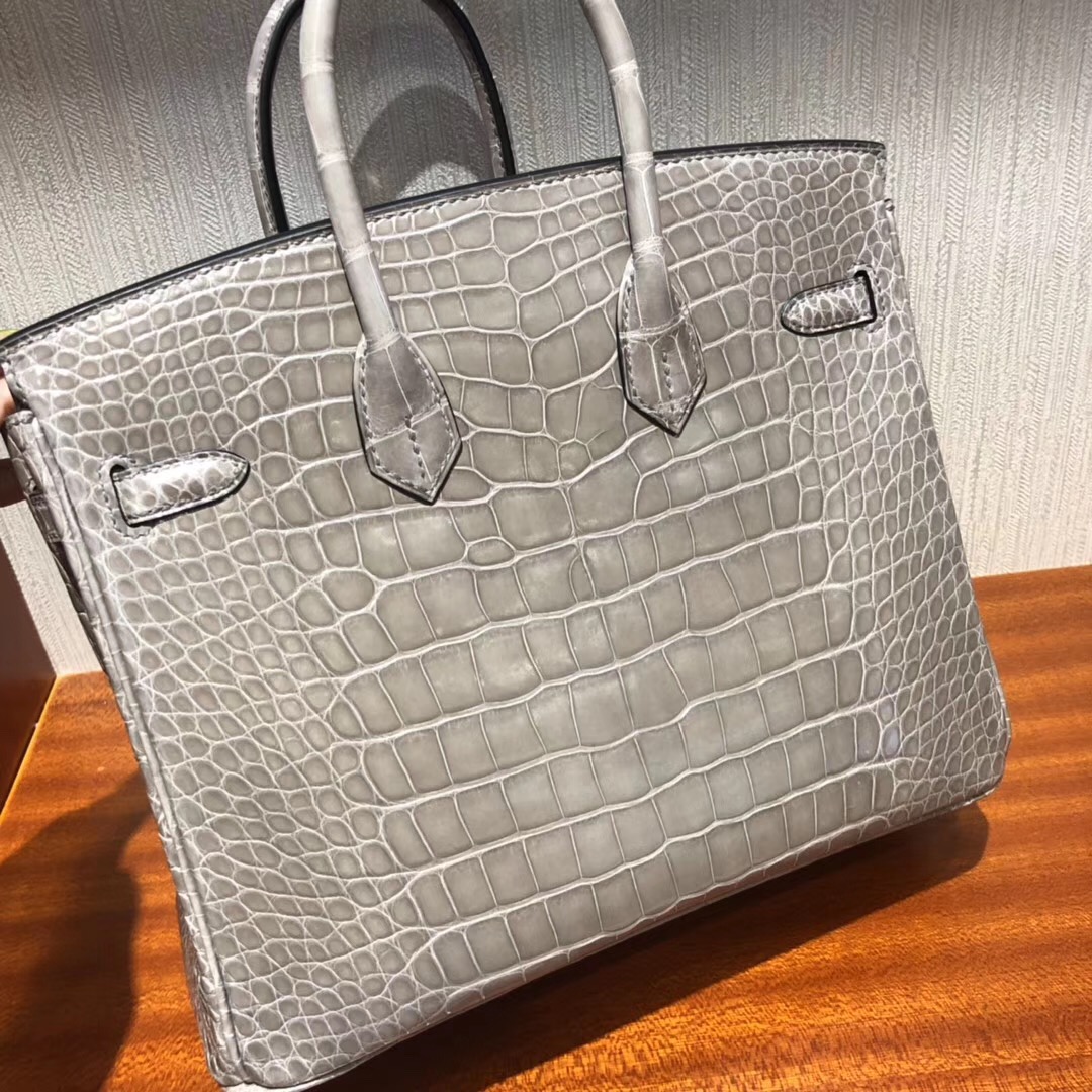 愛馬仕包包官網 Hermes Birkin 25 Bag CK81斑鳩灰 亮面倒V澳洲灣鱷 銀扣