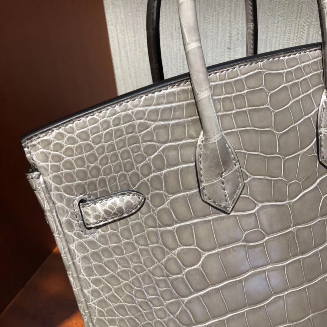 愛馬仕包包官網 Hermes Birkin 25 Bag CK81斑鳩灰 亮面倒V澳洲灣鱷 銀扣