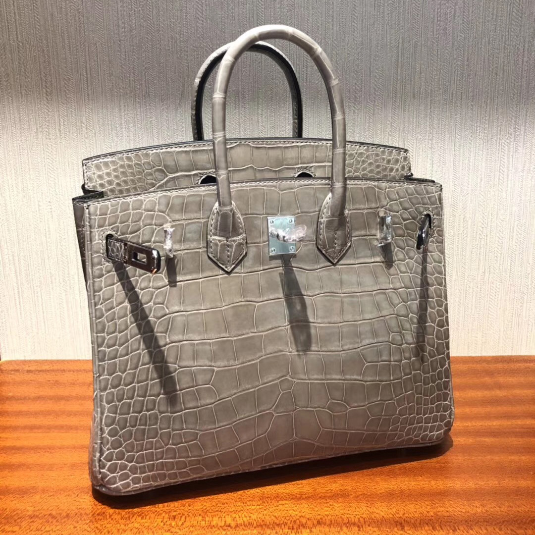 愛馬仕包包官網 Hermes Birkin 25 Bag CK81斑鳩灰 亮面倒V澳洲灣鱷 銀扣