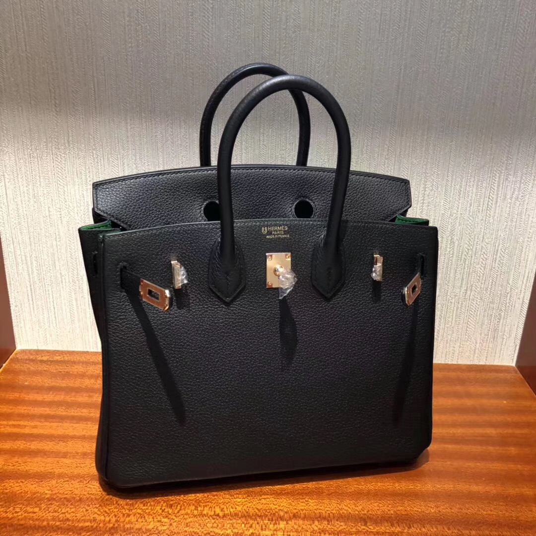 Thailand HERMES Birkin 25 Bag CK89黑色內拼色1K竹子綠 玫瑰金扣