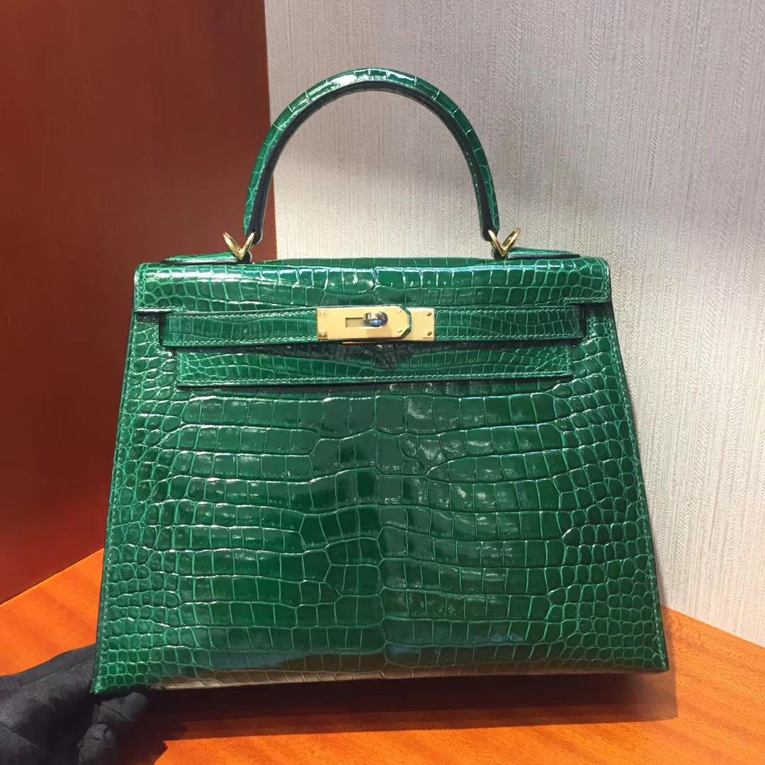 Singapore Hermes Kelly 28cm CK67祖母綠Vert Fonce 亮面倒V 澳洲灣鱷