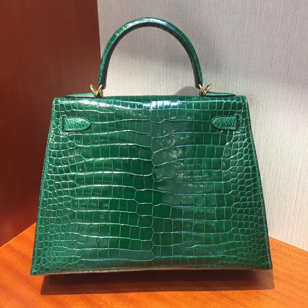 Singapore Hermes Kelly 28cm CK67祖母綠Vert Fonce 亮面倒V 澳洲灣鱷