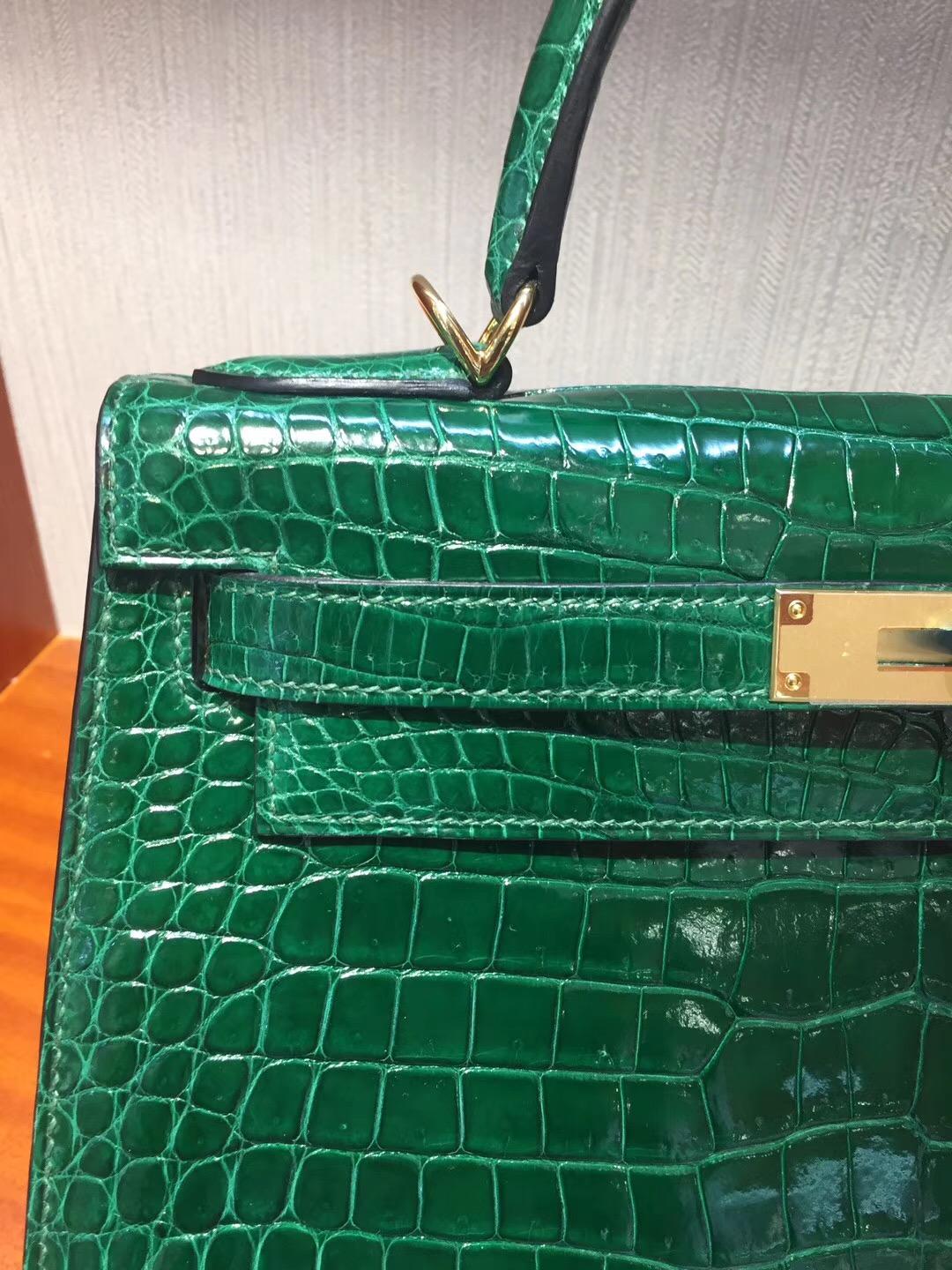 Singapore Hermes Kelly 28cm CK67祖母綠Vert Fonce 亮面倒V 澳洲灣鱷