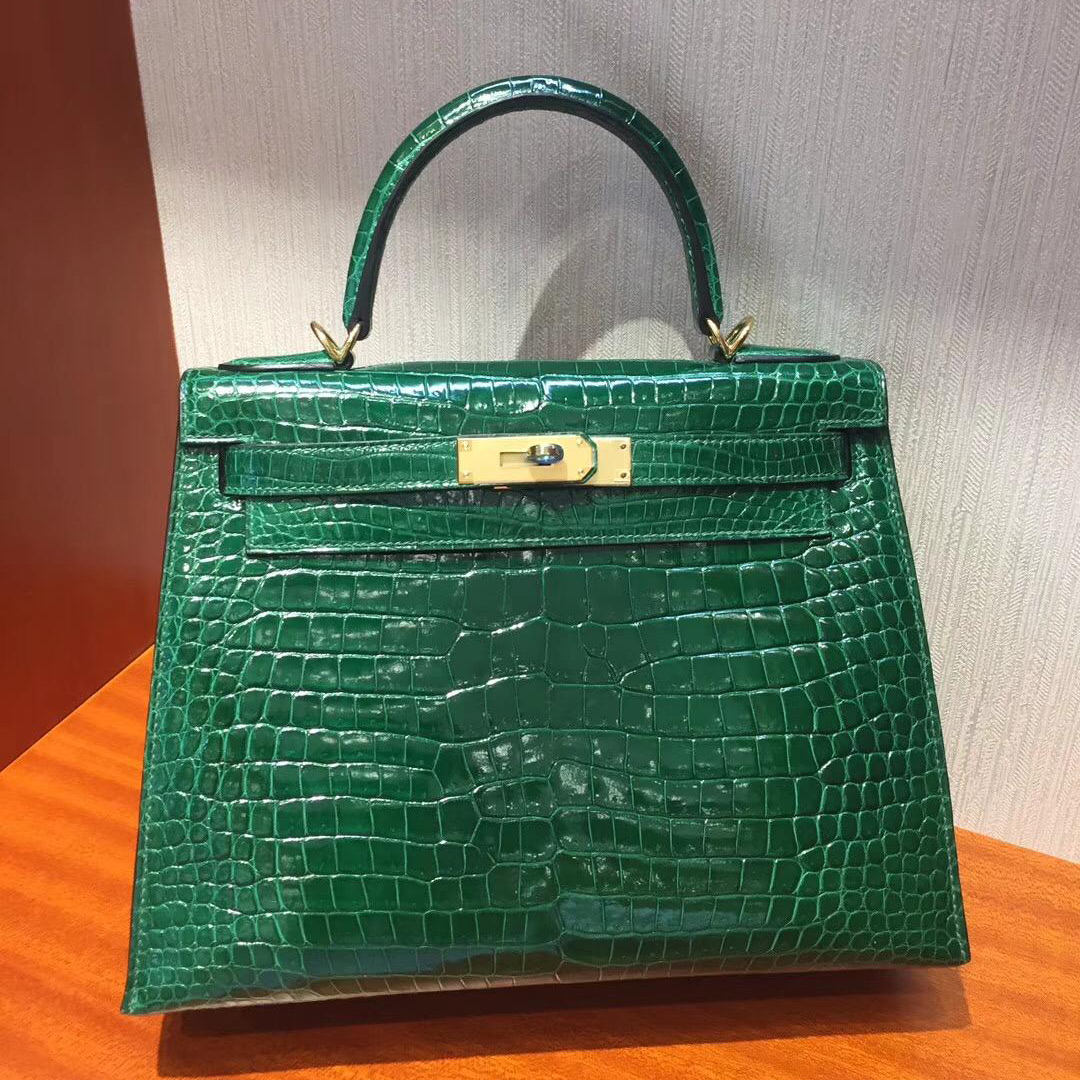 Singapore Hermes Kelly 28cm CK67祖母綠Vert Fonce 亮面倒V 澳洲灣鱷