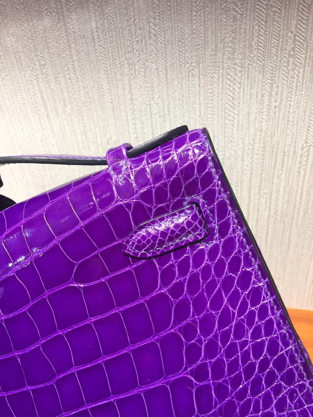 Canada Hermes MiniKelly pochette 5L极度紫 亮面方塊鱷魚 金扣
