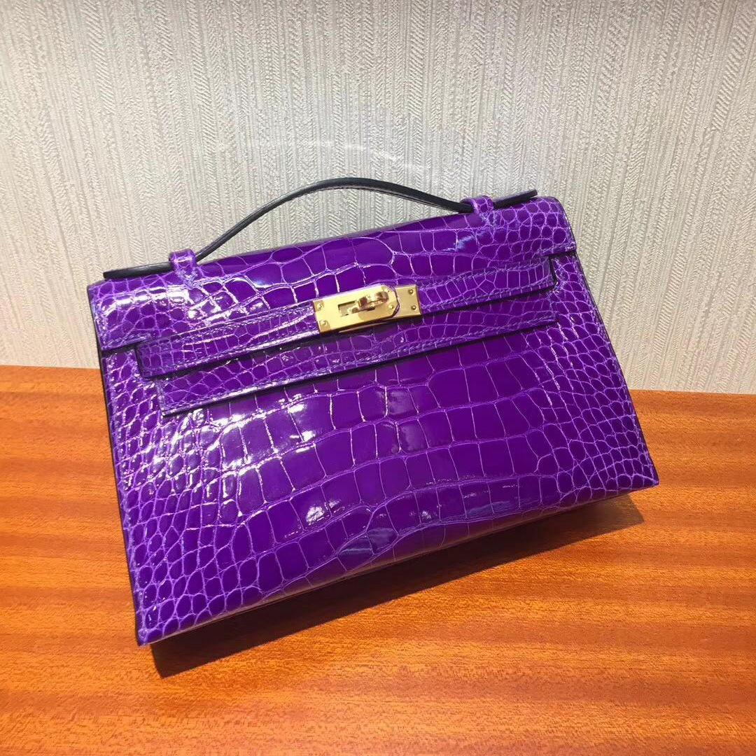 Canada Hermes MiniKelly pochette 5L极度紫 亮面方塊鱷魚 金扣