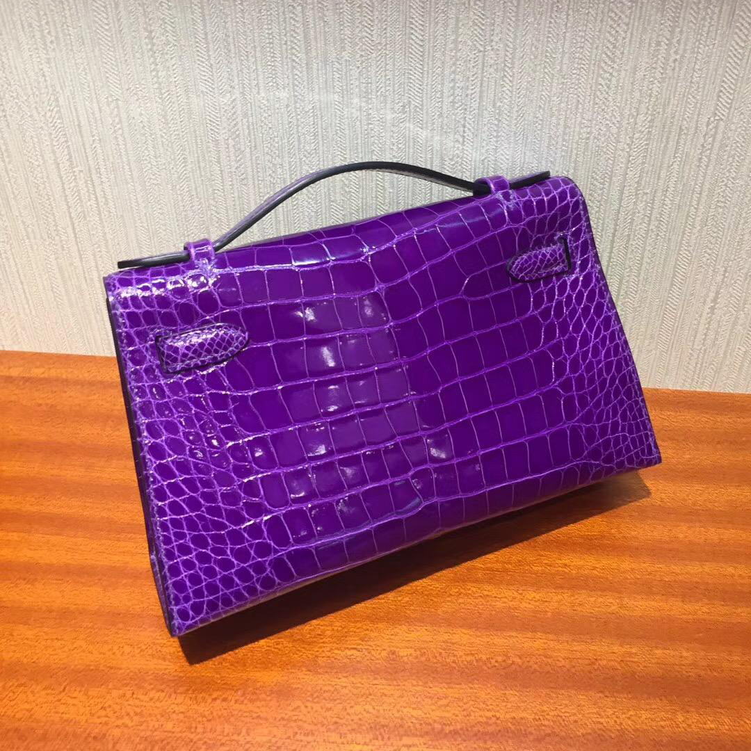 Canada Hermes MiniKelly pochette 5L极度紫 亮面方塊鱷魚 金扣