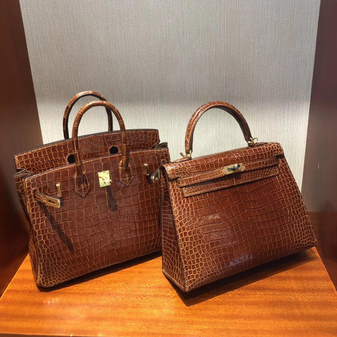 Singapore Hermes Kelly 25cm CC31蜜糖棕色 亮面倒V 灣鱷 金扣