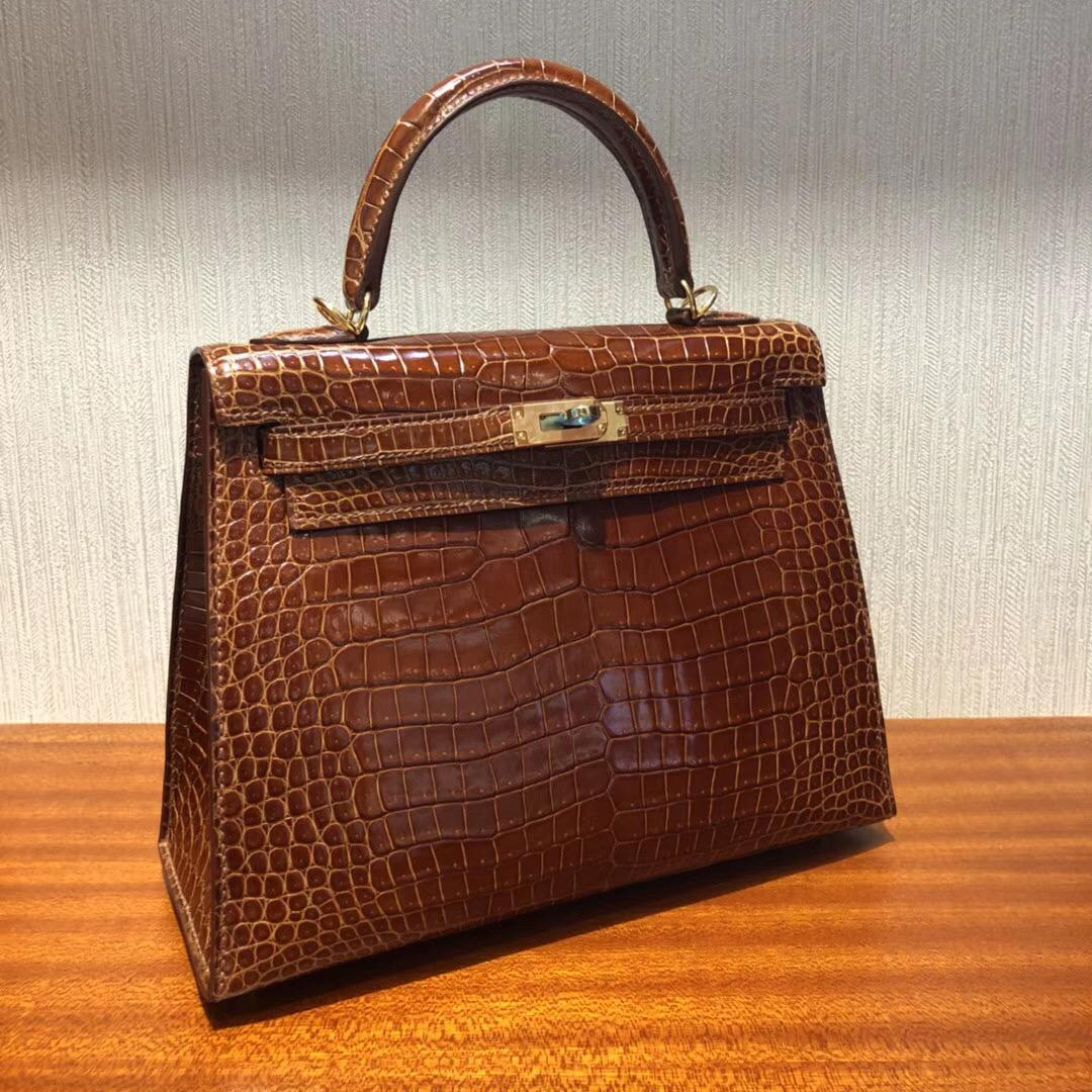 Singapore Hermes Kelly 25cm CC31蜜糖棕色 亮面倒V 灣鱷 金扣