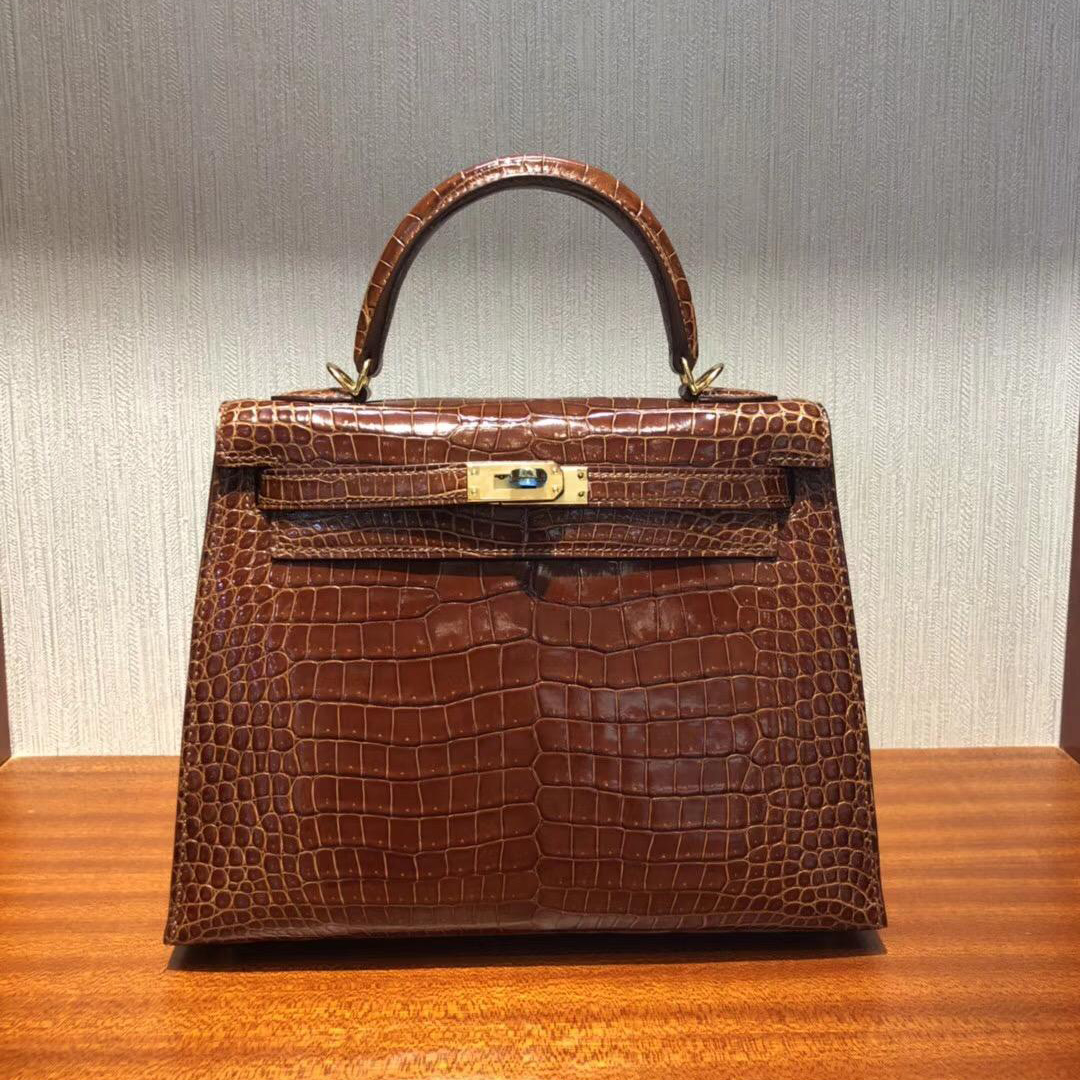 Singapore Hermes Kelly 25cm CC31蜜糖棕色 亮面倒V 灣鱷 金扣