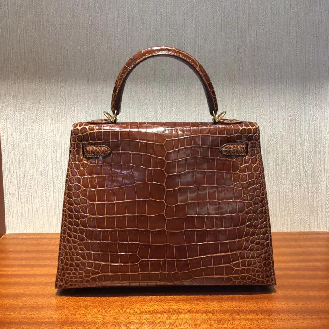 Singapore Hermes Kelly 25cm CC31蜜糖棕色 亮面倒V 灣鱷 金扣