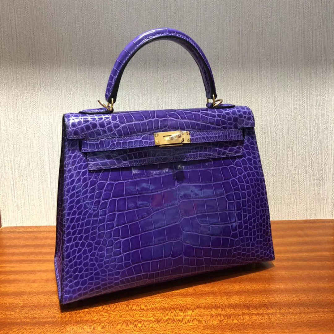 Singapore Hermes Kelly 25cm 9W夢幻紫 亮面兩點尼羅河鱷魚 金扣