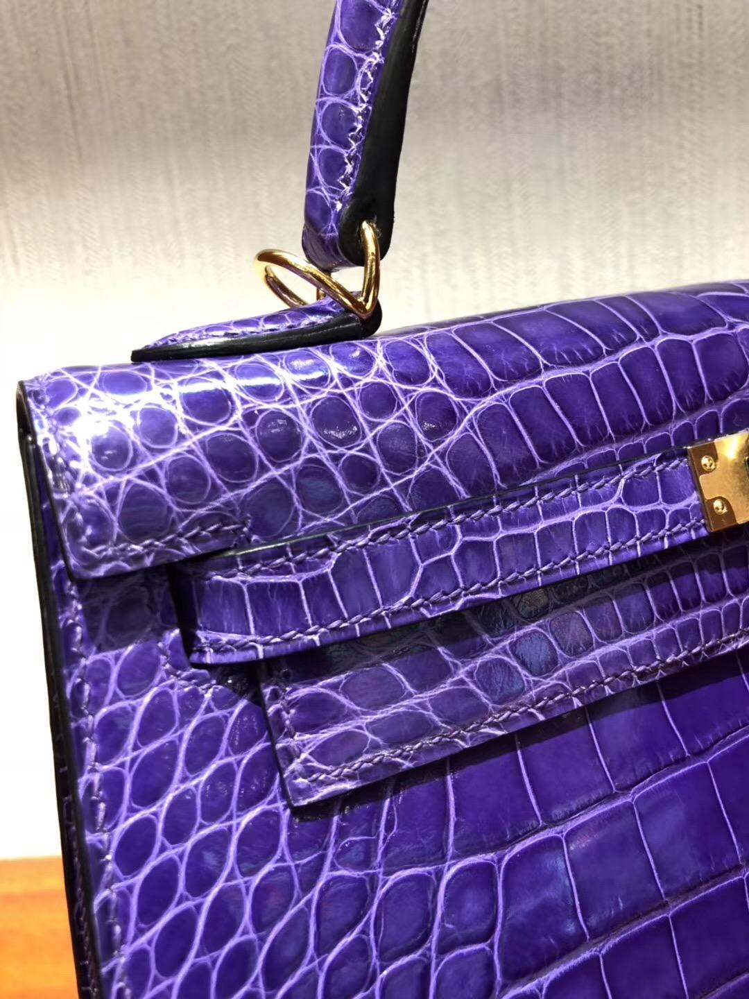 Singapore Hermes Kelly 25cm 9W夢幻紫 亮面兩點尼羅河鱷魚 金扣