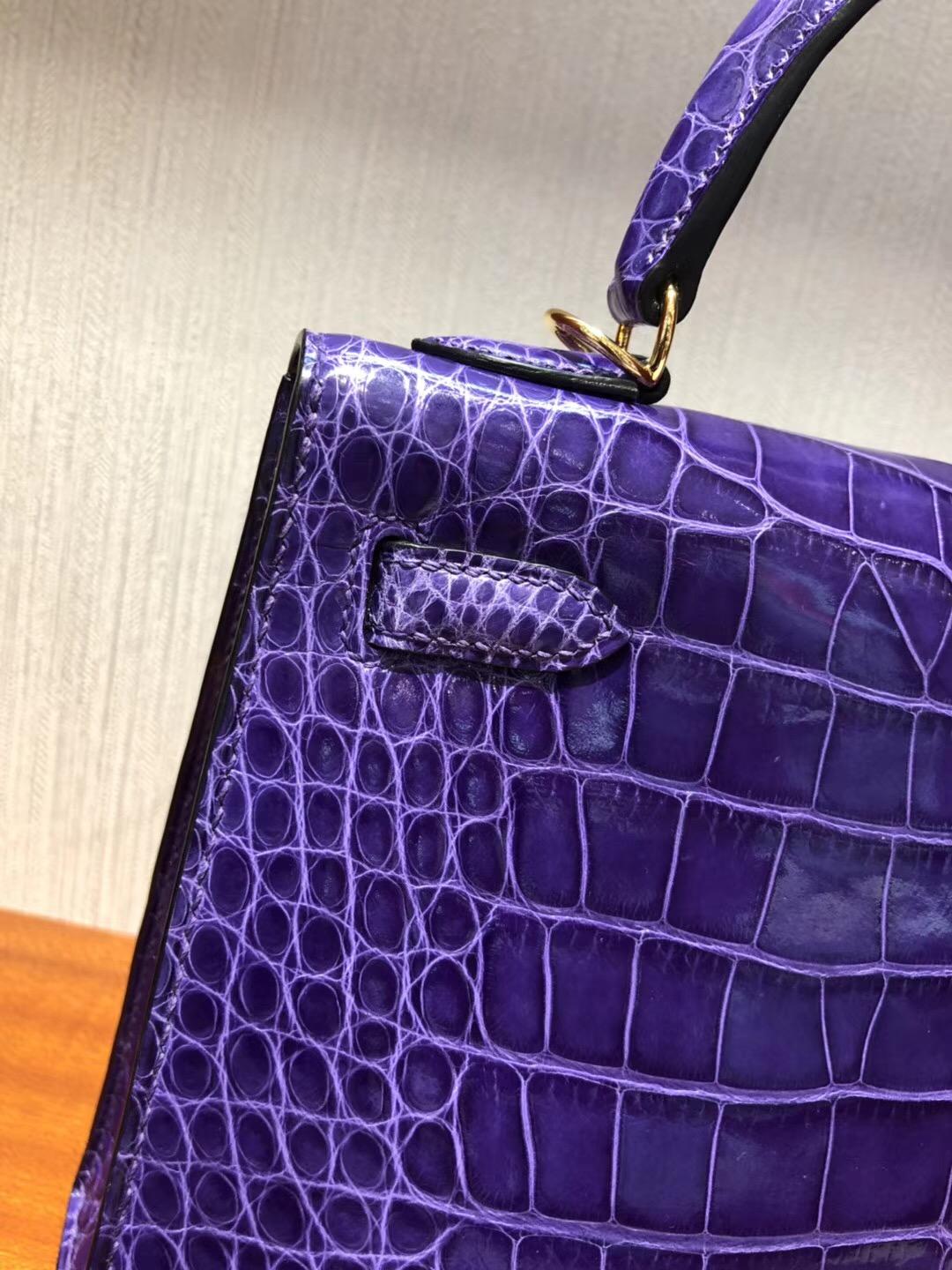 Singapore Hermes Kelly 25cm 9W夢幻紫 亮面兩點尼羅河鱷魚 金扣