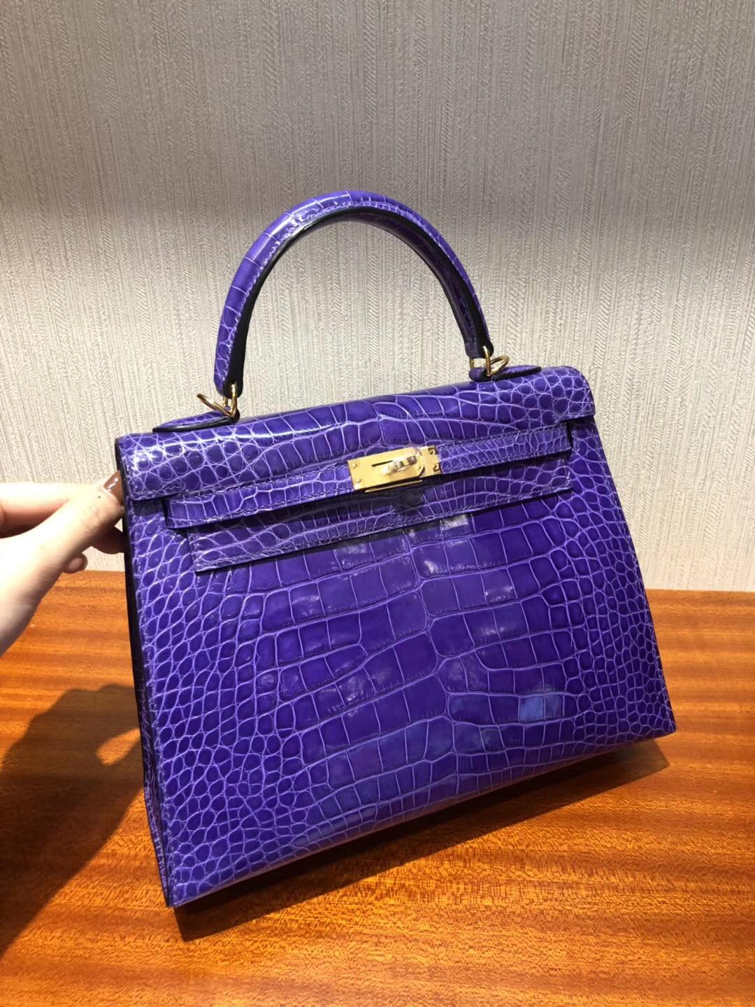 Singapore Hermes Kelly 25cm 9W夢幻紫 亮面兩點尼羅河鱷魚 金扣