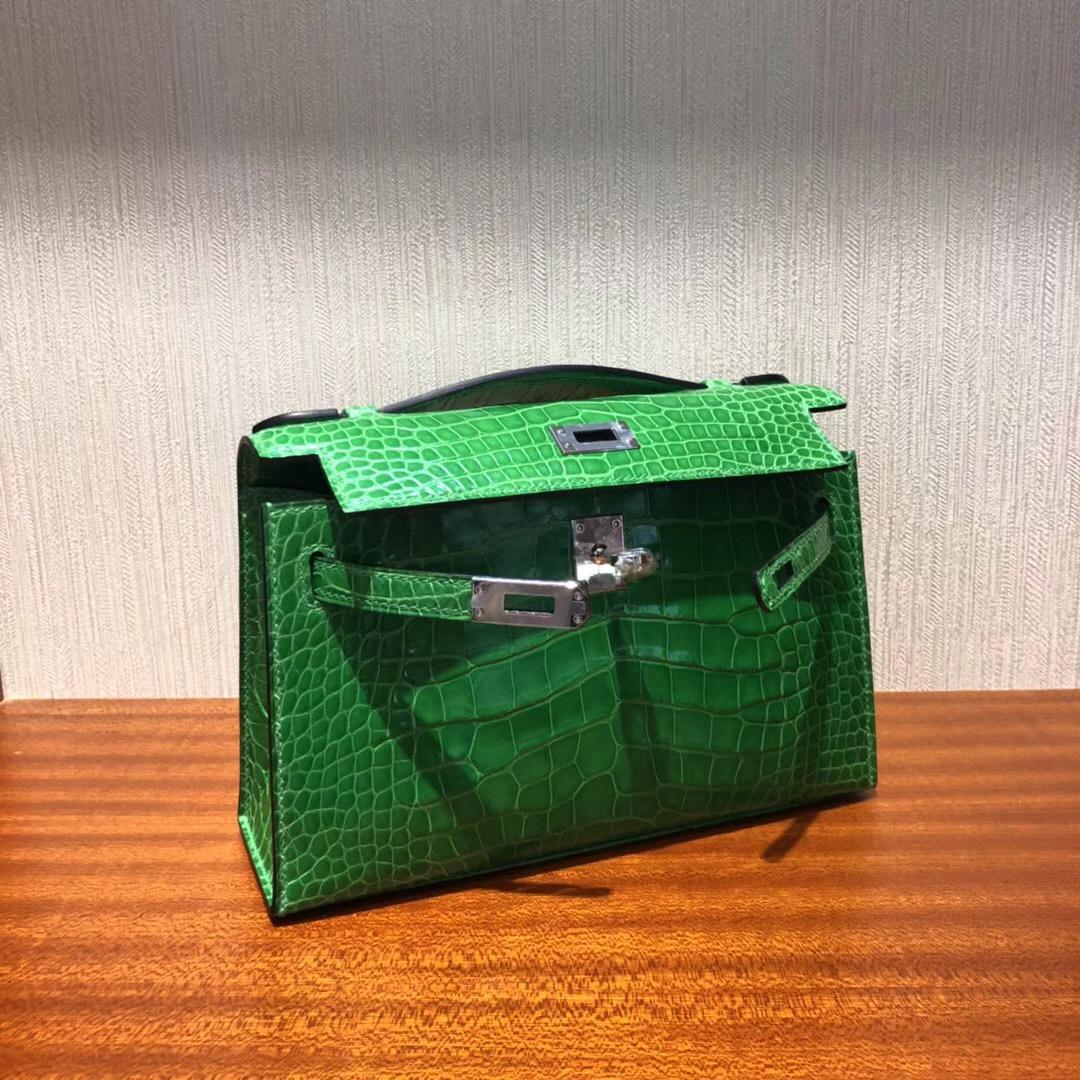 Singapore Hermes Mini Kelly pochette 1L仙人掌綠 亮面方塊鱷魚