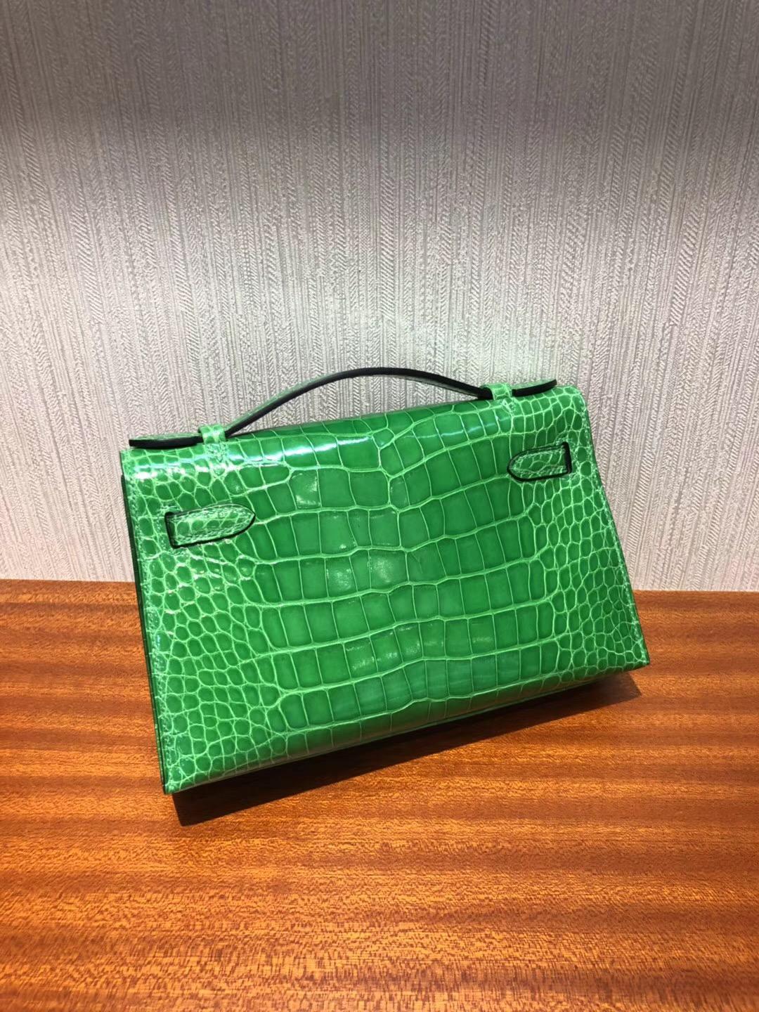 Singapore Hermes Mini Kelly pochette 1L仙人掌綠 亮面方塊鱷魚