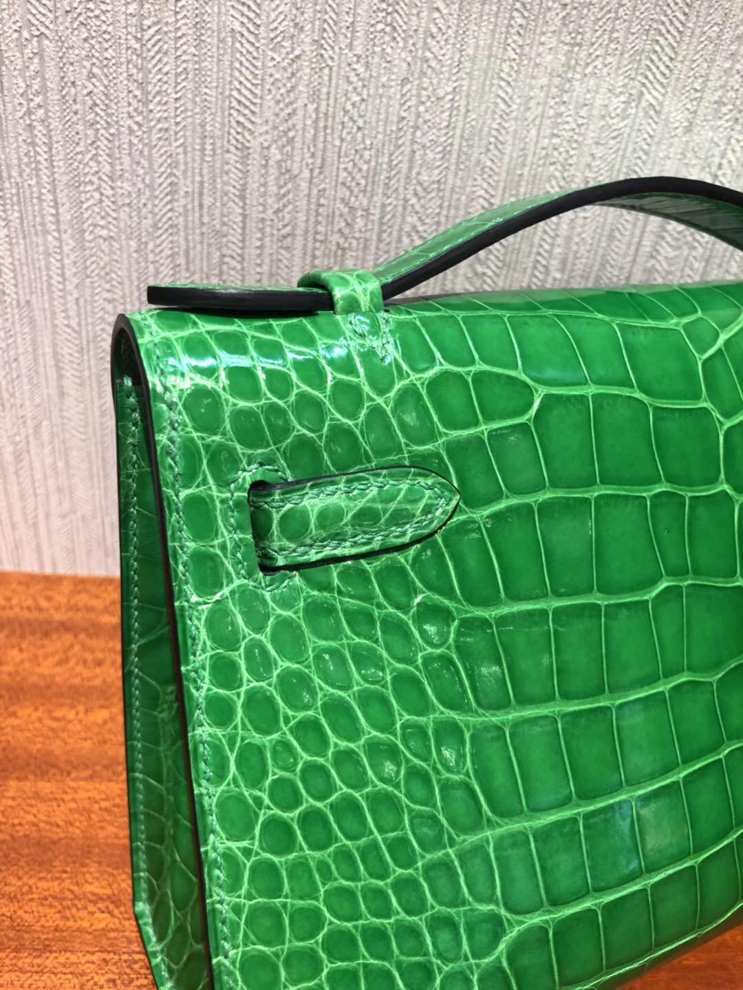 Singapore Hermes Mini Kelly pochette 1L仙人掌綠 亮面方塊鱷魚