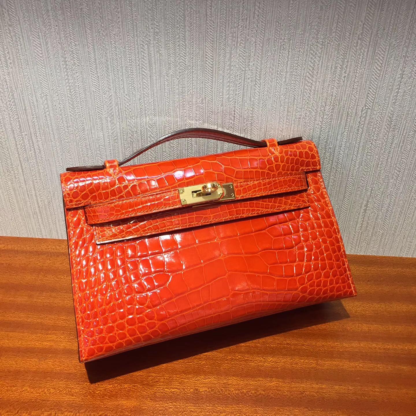 Canada Hermes MiniKelly pochette  8V罌粟橙Orange Poppy 亮面方塊鱷魚 金扣