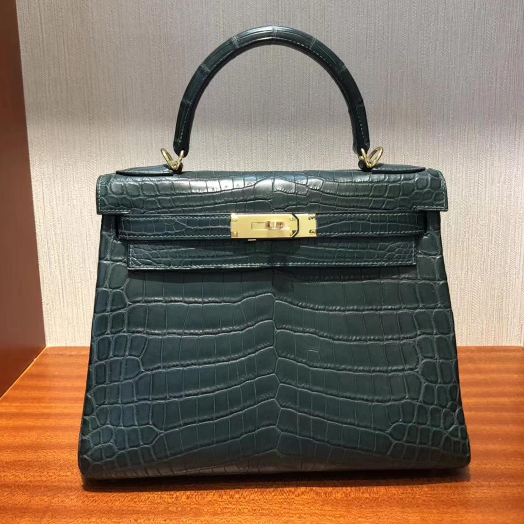 Singapore Hermes Kelly bag 28cm 1T泰坦綠 霧面兩點尼羅河鱷 銀扣