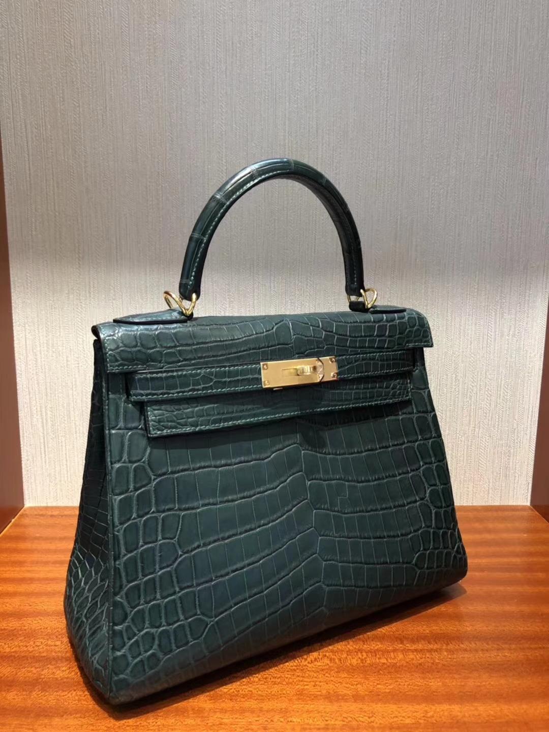 Singapore Hermes Kelly bag 28cm 1T泰坦綠 霧面兩點尼羅河鱷 銀扣