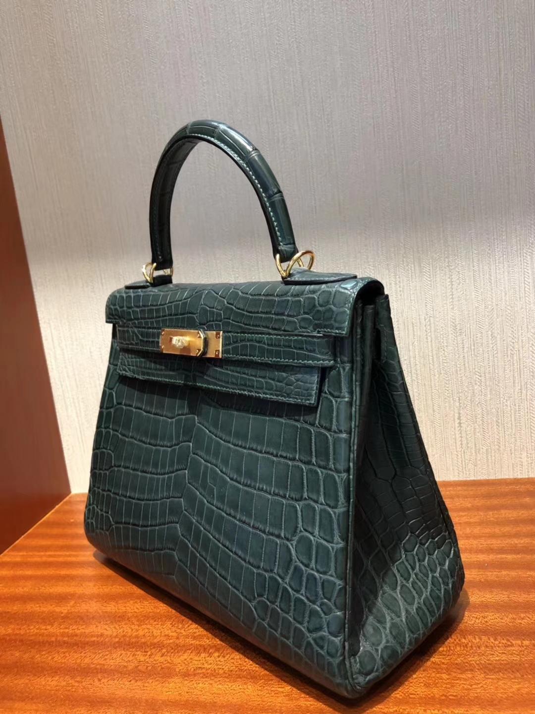 Singapore Hermes Kelly bag 28cm 1T泰坦綠 霧面兩點尼羅河鱷 銀扣