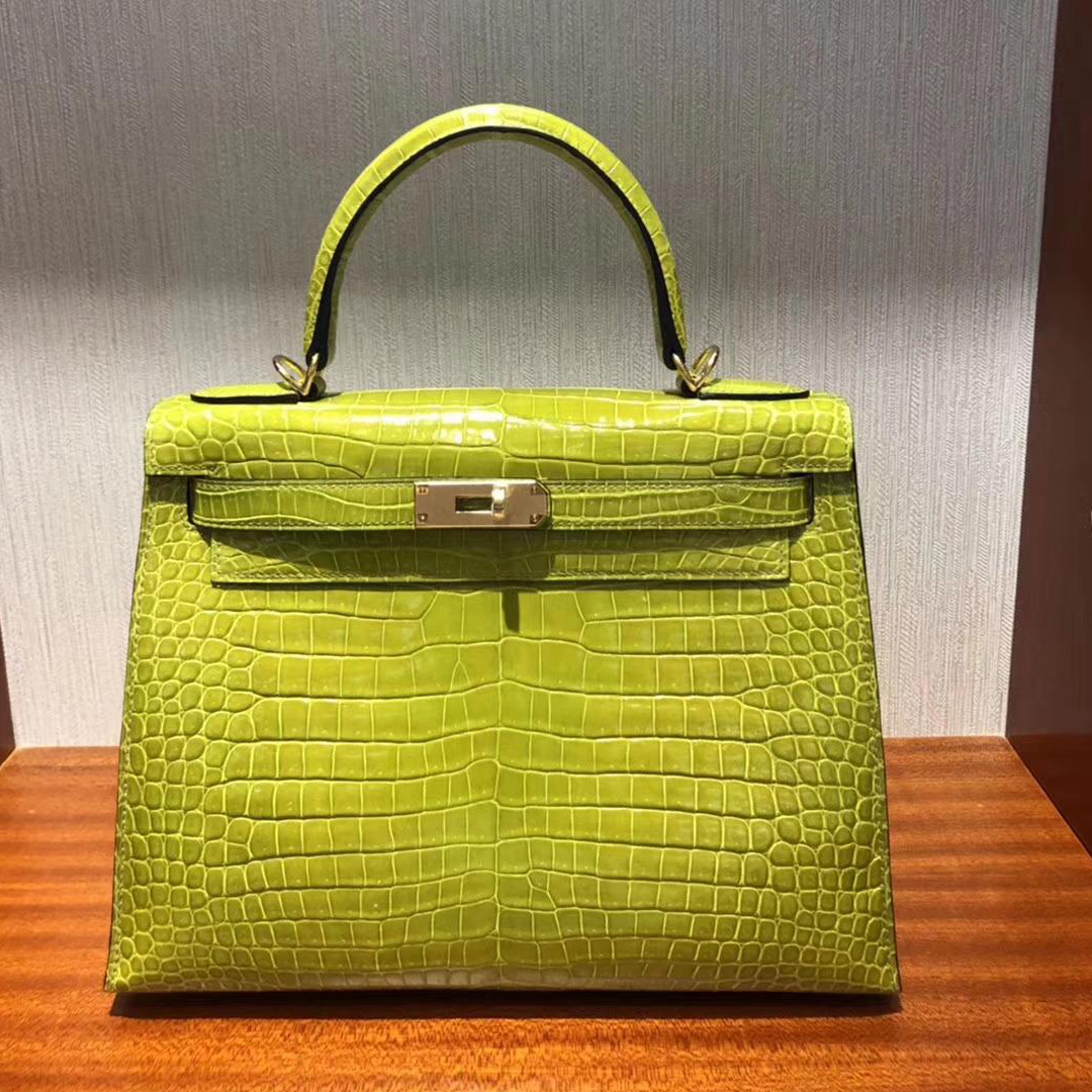 Australia Hermes Kelly bag 28cm 6R奇異果綠 亮面倒V澳洲灣鱷 金扣