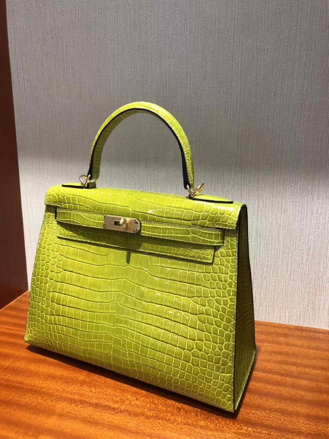 Australia Hermes Kelly bag 28cm 6R奇異果綠 亮面倒V澳洲灣鱷 金扣