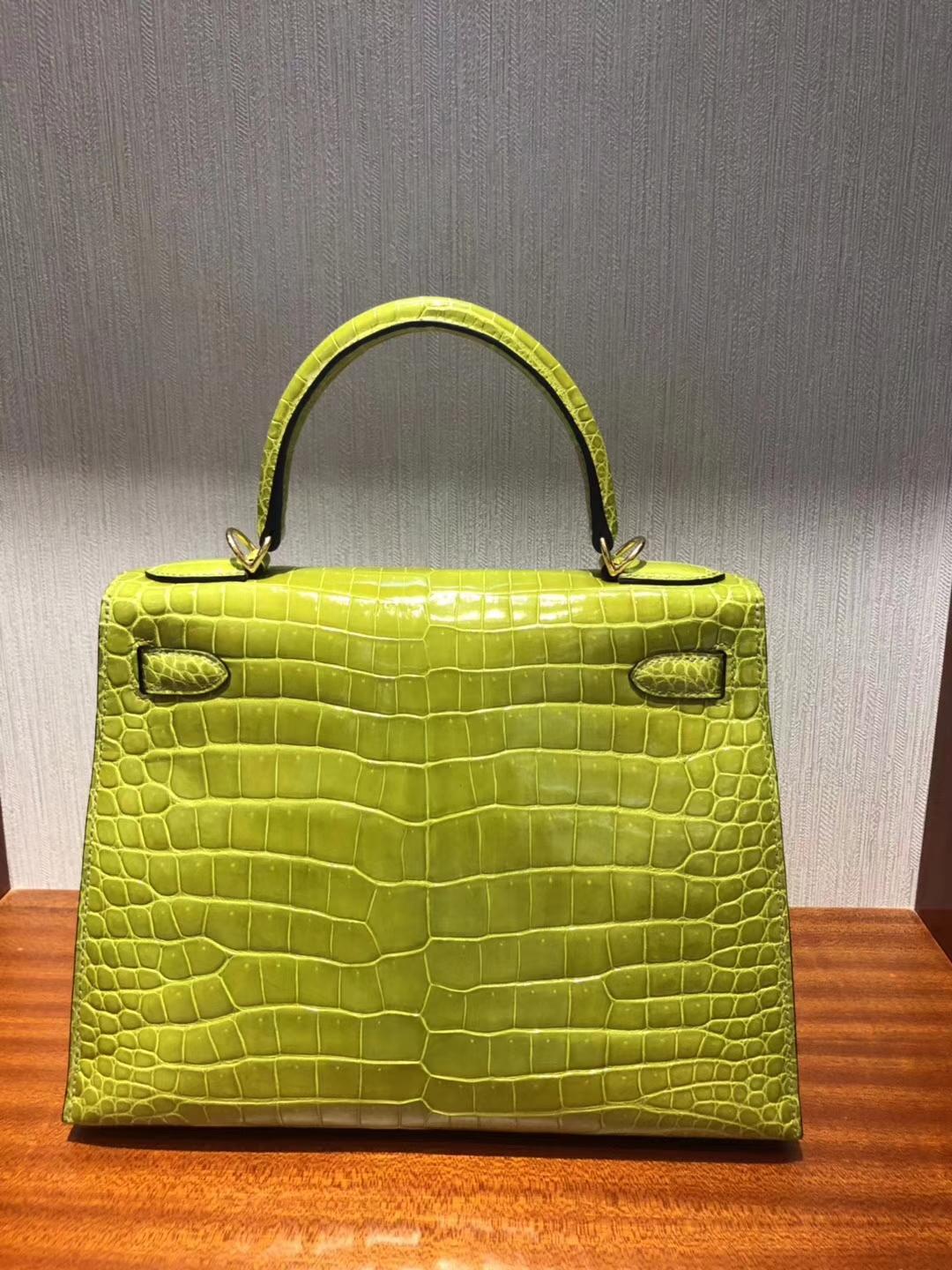 Australia Hermes Kelly bag 28cm 6R奇異果綠 亮面倒V澳洲灣鱷 金扣