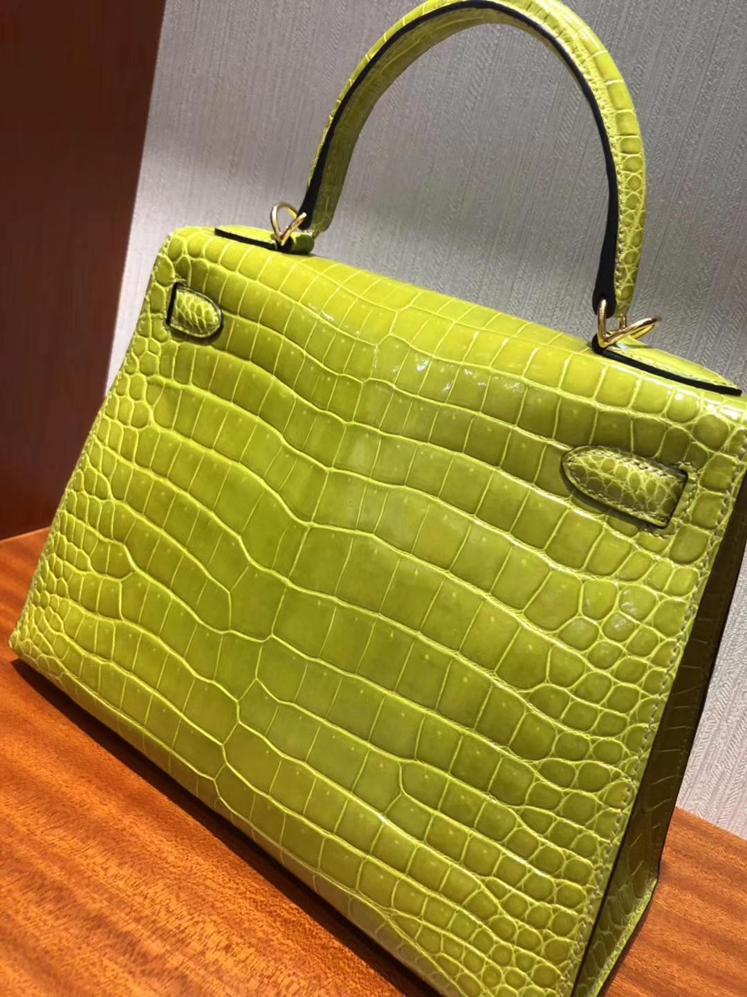 Australia Hermes Kelly bag 28cm 6R奇異果綠 亮面倒V澳洲灣鱷 金扣