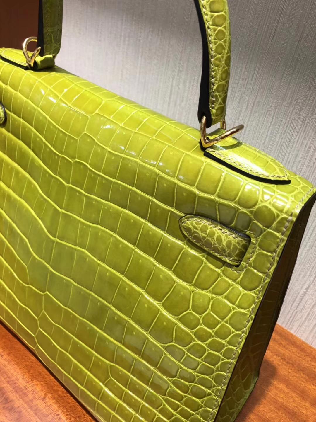 Australia Hermes Kelly bag 28cm 6R奇異果綠 亮面倒V澳洲灣鱷 金扣