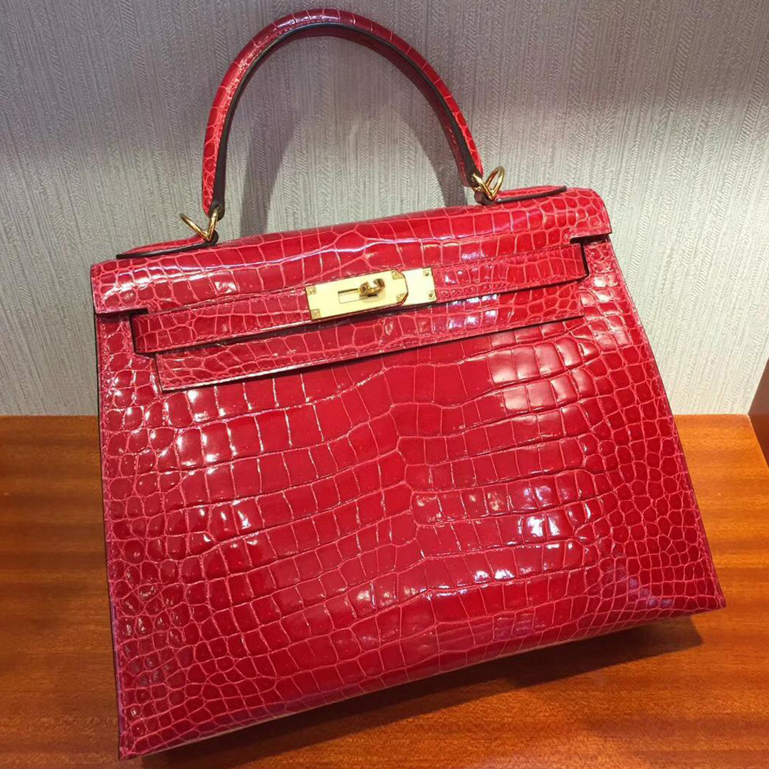 Singapore Hermes Kelly Bag28 Q5中國紅Rouge Cossacks亮面倒V澳洲灣鱷