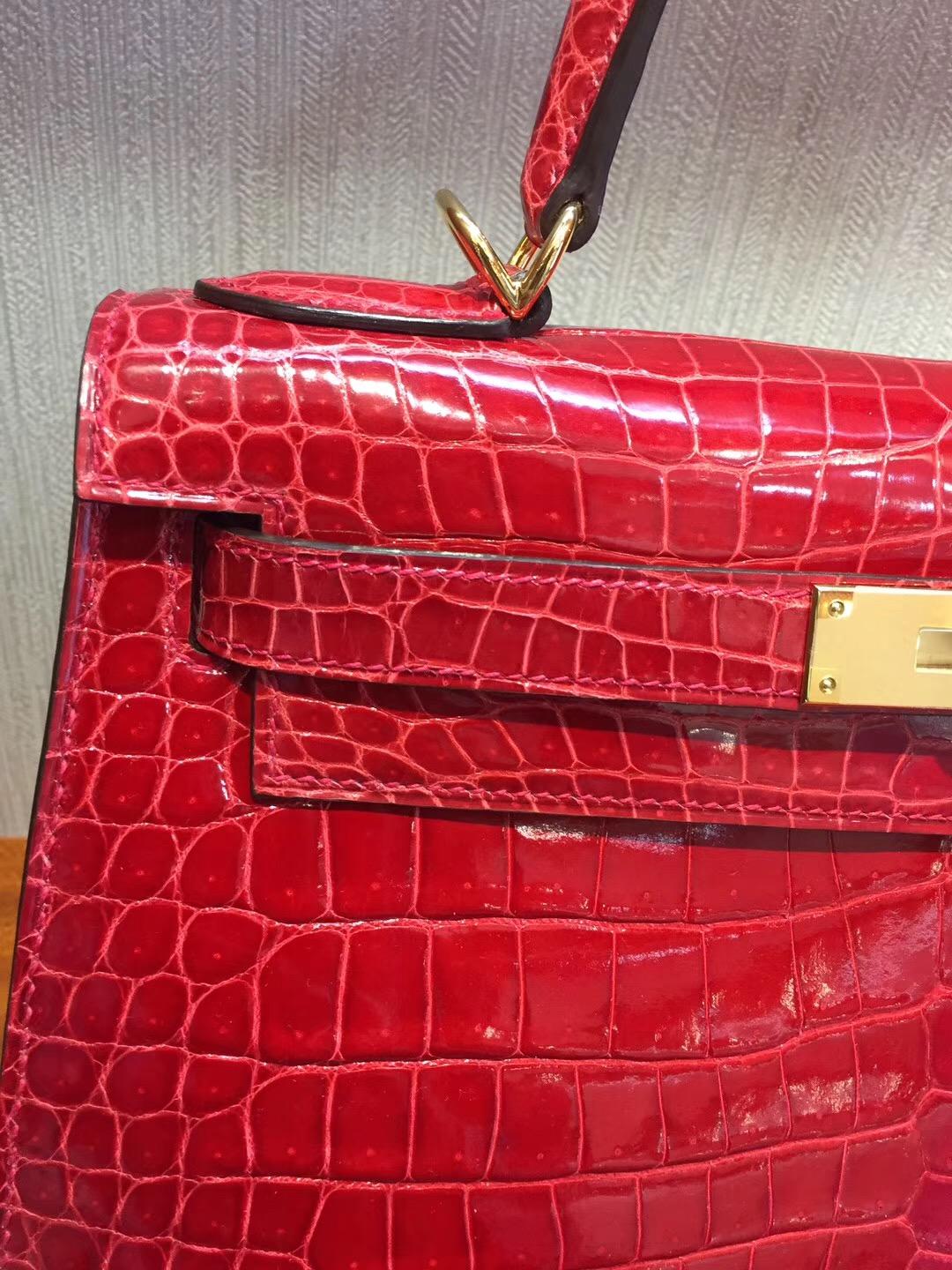 Singapore Hermes Kelly Bag28 Q5中國紅Rouge Cossacks亮面倒V澳洲灣鱷