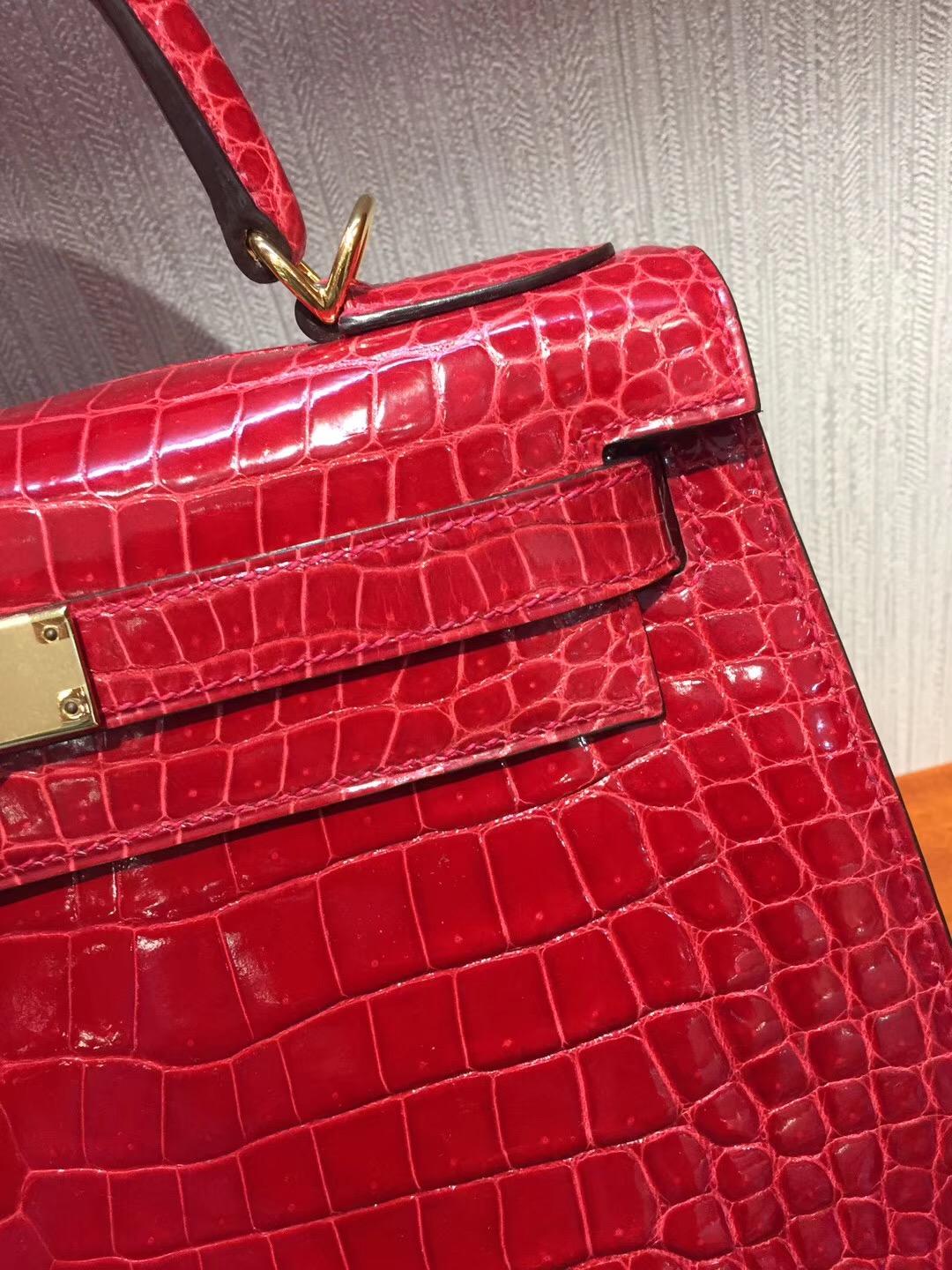 Singapore Hermes Kelly Bag28 Q5中國紅Rouge Cossacks亮面倒V澳洲灣鱷