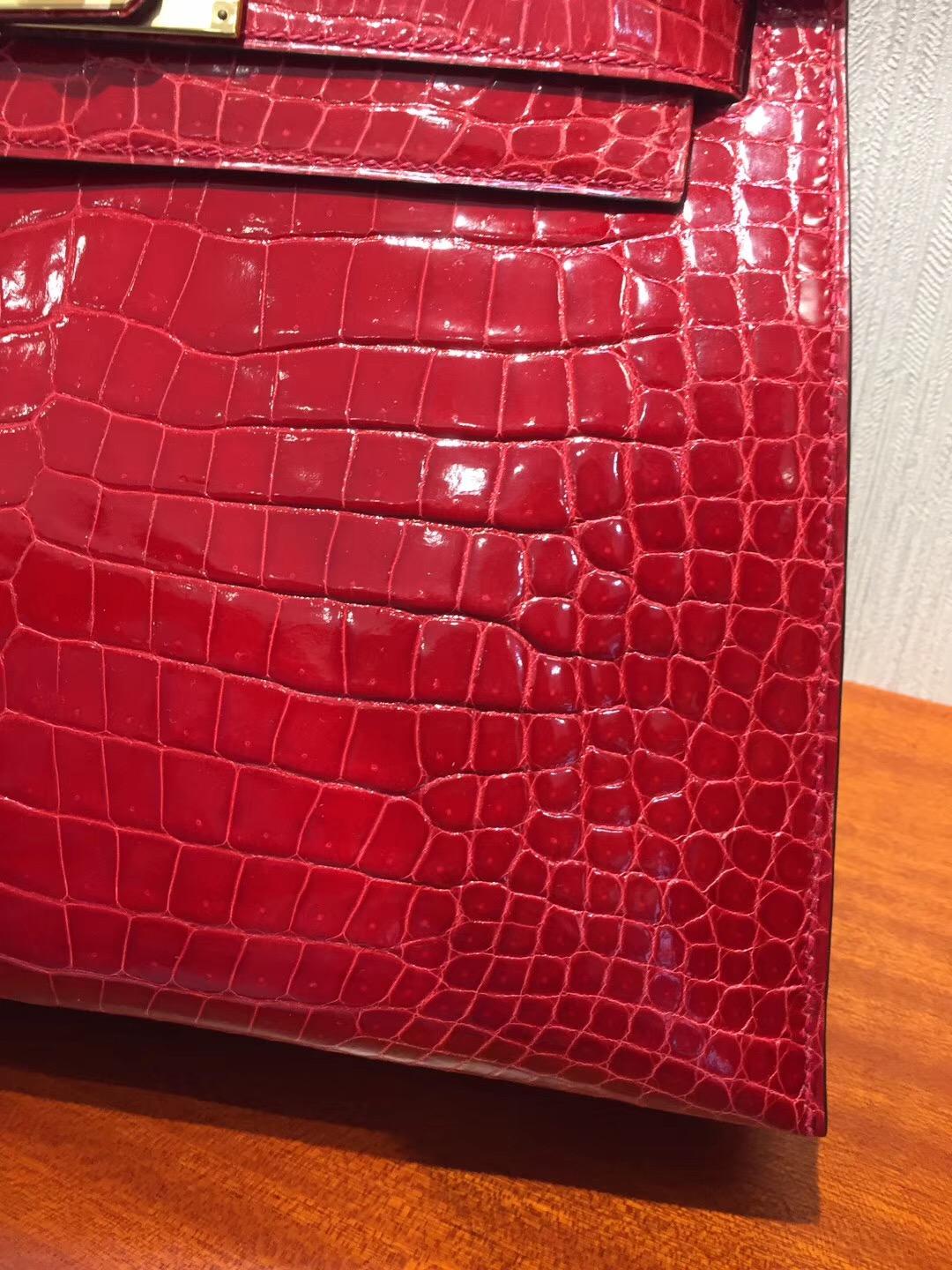 Singapore Hermes Kelly Bag28 Q5中國紅Rouge Cossacks亮面倒V澳洲灣鱷