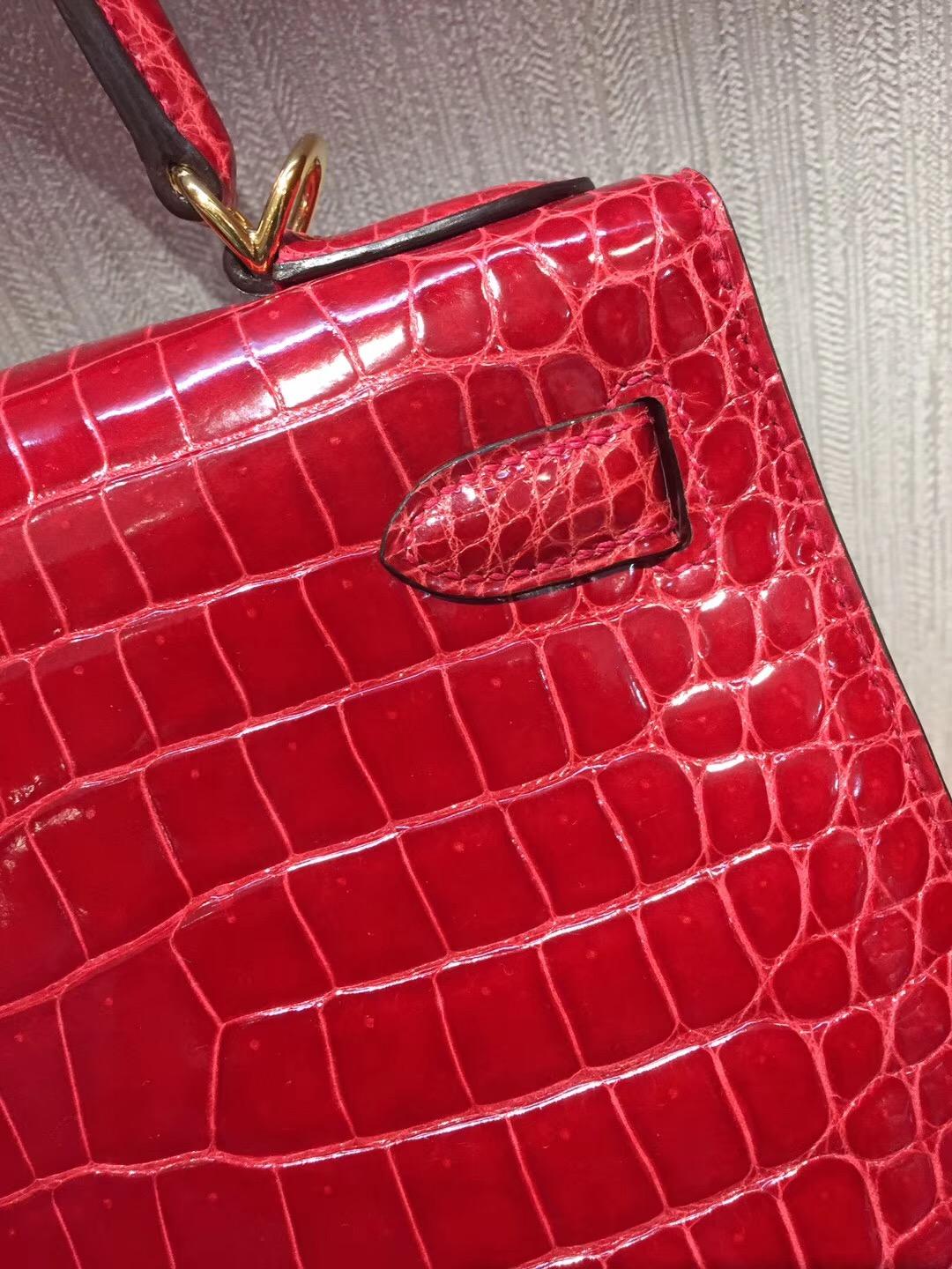 Singapore Hermes Kelly Bag28 Q5中國紅Rouge Cossacks亮面倒V澳洲灣鱷