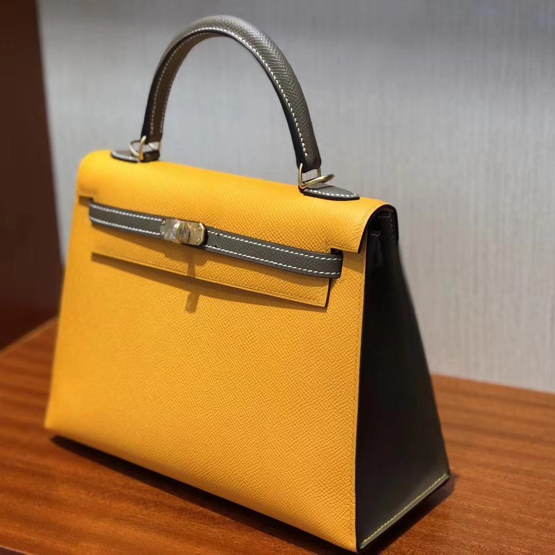 Australia Hermes Kelly bag 25 9V太陽黃/CK18大象灰 拉絲金扣馬蹄印