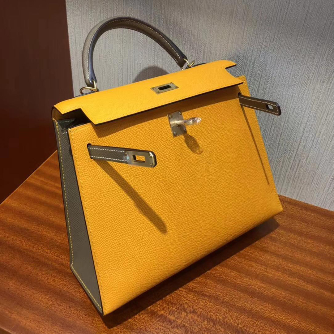 Australia Hermes Kelly bag 25 9V太陽黃/CK18大象灰 拉絲金扣馬蹄印