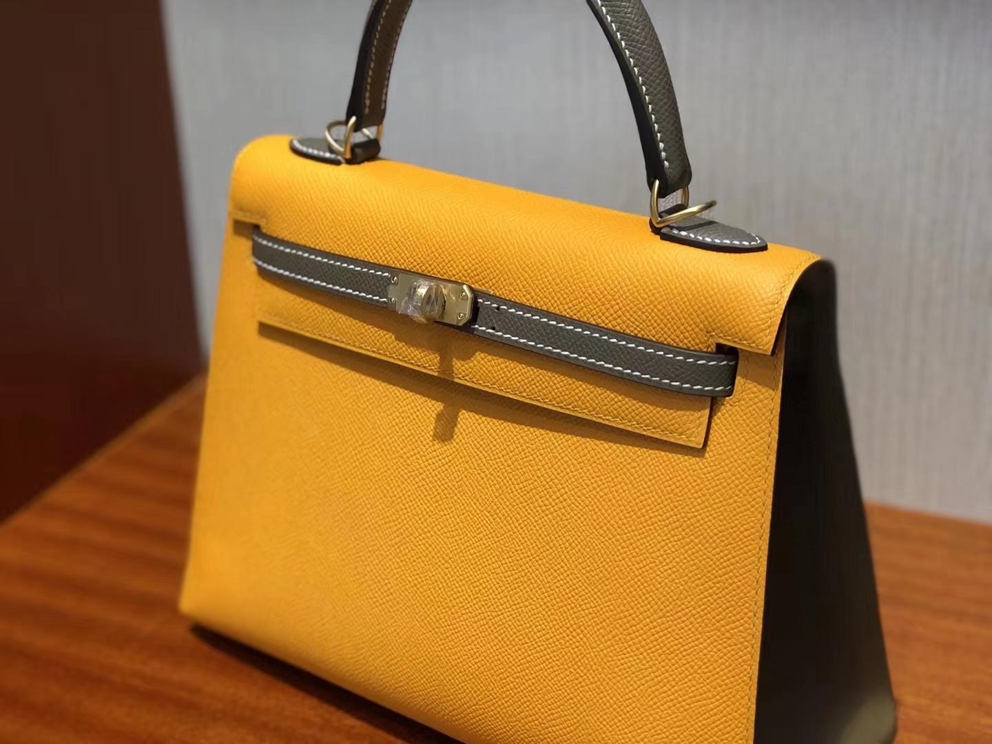 Australia Hermes Kelly bag 25 9V太陽黃/CK18大象灰 拉絲金扣馬蹄印